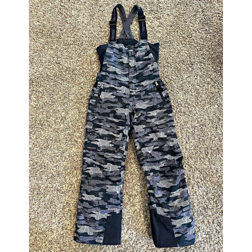 Marmot Unisex Kids Size Large 10 Snow Bib Pants Black Gray Camo Adjustable Strap